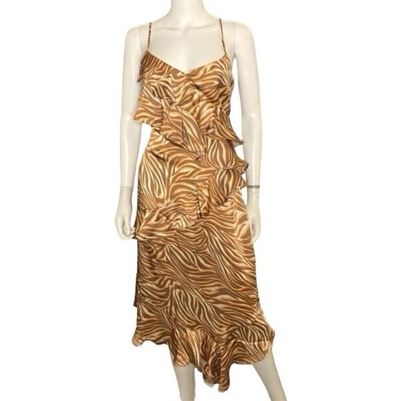 Steve Madden Christina Brown Zebra Satin RUFFLE Handkerchief Slip Dress XL NWT - Picture 1 of 9